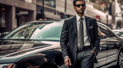 Fototapeta na wymiar Handsome Indian Man Standing In Front of Luxury Town Car In The City - Generative AI.