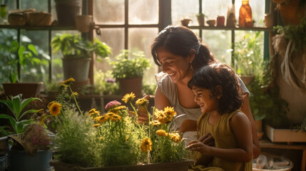 Indian Mother and Daughter Enjoying Their Gardening in their Green House - Generative AI.