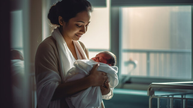 Young Glowing Indian Mother Holding A Newborn Infant Child In The Maternity Ward of The Hospital - Generative AI.