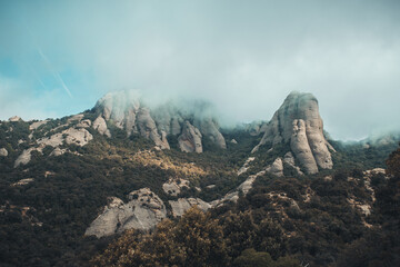 Montserrat mountain landscape with fog - obrazy, fototapety, plakaty