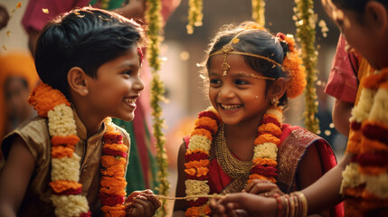 Fototapeta na wymiar Beautiful Young Indian Children Enjoying Their Traditional Celebration Together - Generative AI.