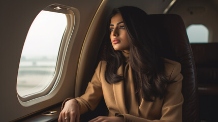 Obraz na płótnie Canvas Young Adult Affluent Indian Woman Sitting In Her Private Executive Jet - Generative Ai.