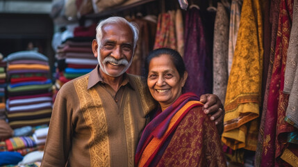 Obraz na płótnie Canvas Senior Adult Happy Indian Couple Standing At The Entrance of Their Textile Business - Generative AI.