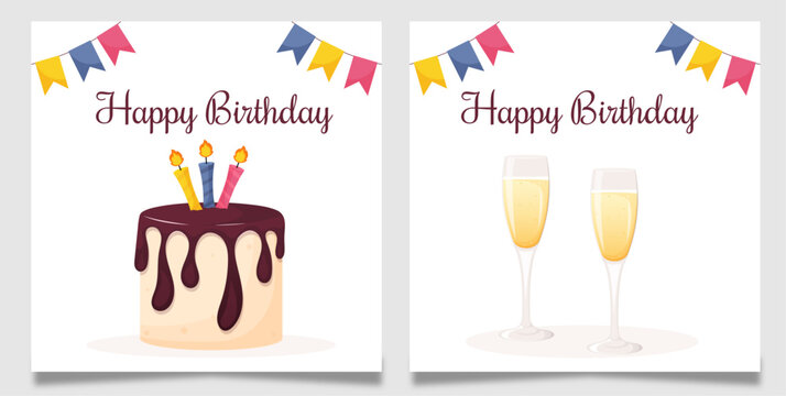 Birthday card set with cake and two champagne glasses.