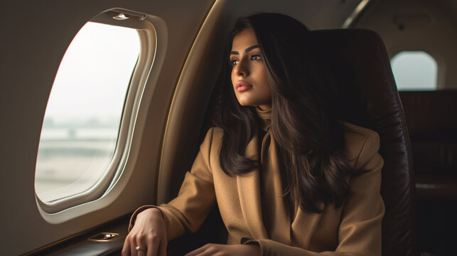 Young Adult Affluent Indian Woman Sitting In Her Private Executive Jet - Generative Ai.