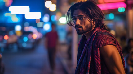Stunning Young Adult Indian Man Portrait In The Streets of New Delhi - Generative AI.