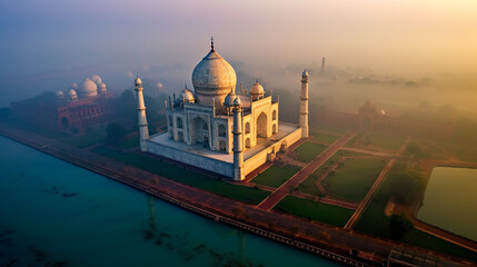 Fototapeta na wymiar Dramatic Aerial View of the Taj Mahal in India - Generative AI.