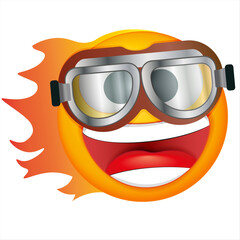 Speedy laughing vector emoji on white background Vector emoji in motorcycle glasses. Smiling yellow face. Happy. Cute emoticon.