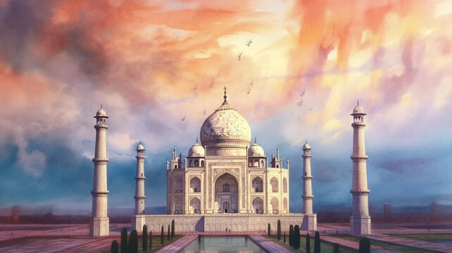 Watercolor Sketch of the Taj Mahal in India - Generative AI.