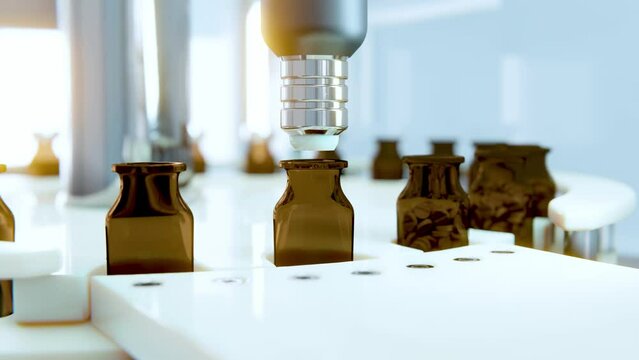 Pharmaceutical production line filling bottles with tablets &ndash; looping 3D render for medical industry