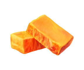 Piece of Cheddar cheese isolated on background. Watercolor illustration.