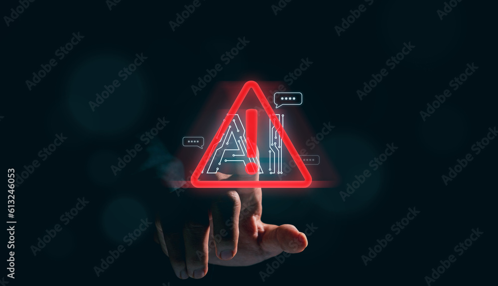 Fototapete business man holding digital chatbot artificial intelligence (ai) with hacking and warning alert. cy