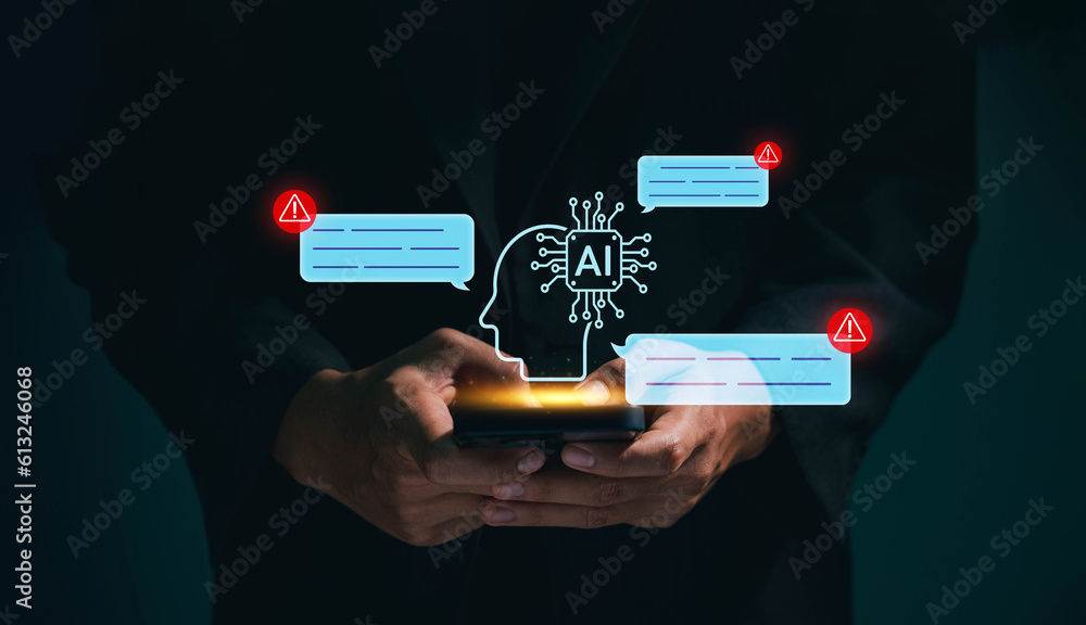 Leinwandbilder business man using digital chatbot artificial intelligence (ai) with hacking and warning alert. cybe