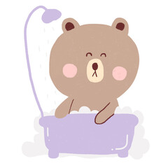 Obraz na płótnie Canvas Cute baby bear swims in the bathtub with foam and duck. Shampoo bubbles.