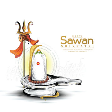 shubh sawan Shivratri creative poster Illustration Of Lord Shiva and nandi For hindi festival month sawan With with creative background (Har Har Mahadev).