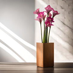 Gladiolus vase arrangement on an off-white background, with a wooden block sculpture as minimalist decor