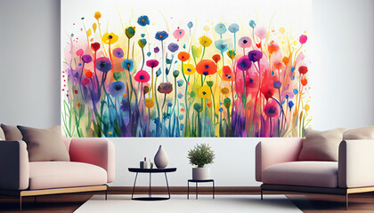 Colorful watercolor abstract flower meadow background. Rainbow wildflower wallpaper Ai generated image