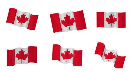 Canada flag vector illustrations.3D vector illustration of Canadian flying flag wave. Set of 6 variations flying type flag