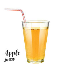 Watercolor apple juice in a glass with a straw isolated on white background. Hand-drawn painting