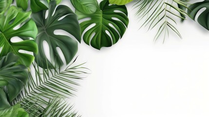 Tropical green leaves for decoration of art frame wallpaper,card on white background.Generative Ai