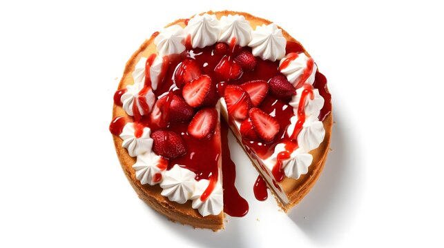 strawberry cheesecake topped with strawberry sauce, whipped cream and sliced strawberries, isolated on a white background and copy space