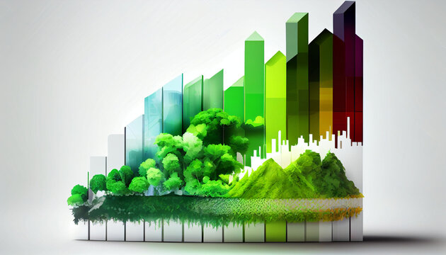 Corporate social and environmental responsibility represented by a bar chart graph with green environmental themes isolated on a white background Ai generated image