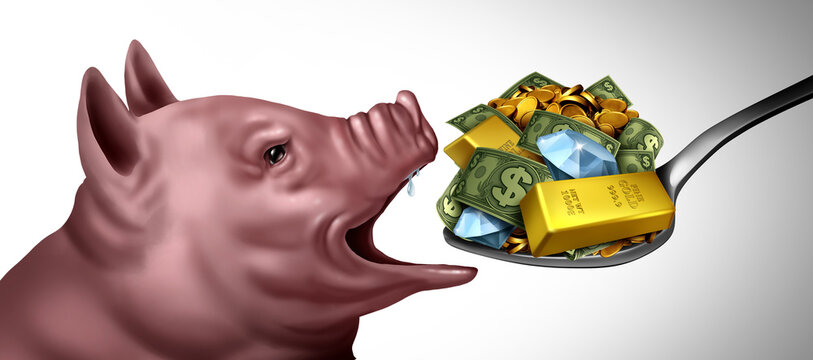 Greed Inflation or Greedflation as a selfish hungry Pig character as a greedy business symbol hoarding money and profits as a symbol of economic excess and greediness