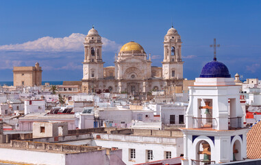 Cathedral of the Holy Cross in Cadiz on a bright sunny day.