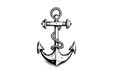 Ship sea anchor and rope in vintage engraving style. Sketch hand drawn vector illustration