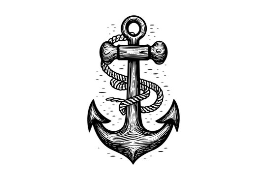 Ship sea anchor and rope in vintage engraving style. Sketch hand drawn vector illustration