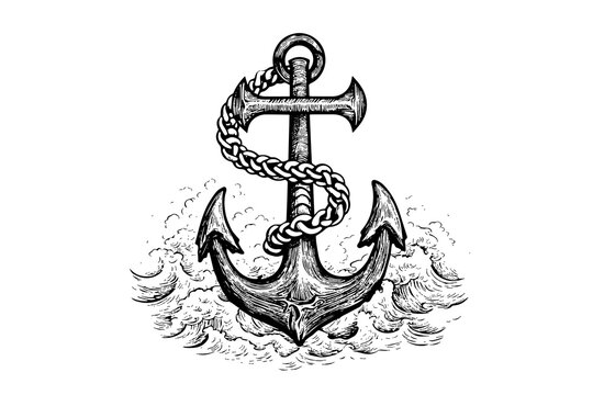 Ship sea anchor and rope in vintage engraving style. Sketch hand drawn vector illustration