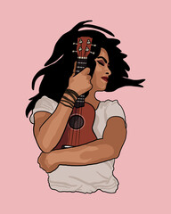 Woman holding ukulele on a pink background - passion for music