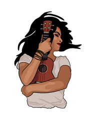 Woman holding ukulele on a white background - passion for music