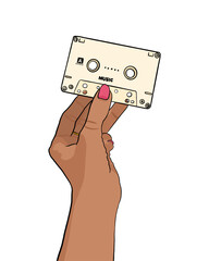 Woman's hand holding beige cassette - white background