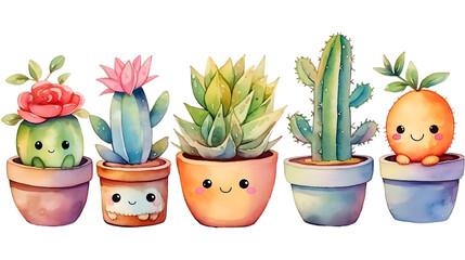 Watercolor kawaii cute cactus illustration collection transparent background generative ai