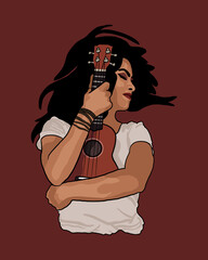 Woman holding ukulele on a brown background - passion for music