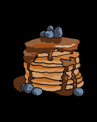 Pancakes with blueberries and maple syrup - black background