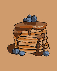 Pancakes with blueberries and maple syrup - beige background