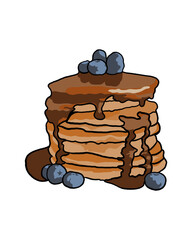 Pancakes with blueberries and maple syrup - white background