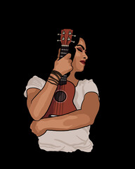 Woman holding ukulele on a black background - passion for music