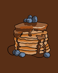 Pancakes with blueberries and maple syrup - brown background