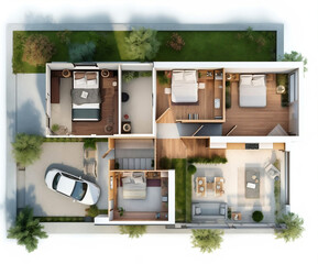 Top View Floor plan of a house top view 3D illustration - Concept of a holiday apartment with 4 bedrooms - Ai Generative