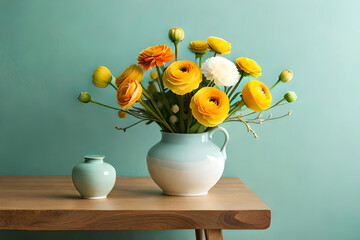 Ranunculus arrangement in a vase on a light green background, with a ceramic sphere sculpture as minimalist decor