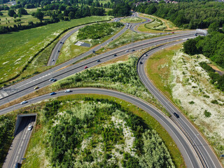 High Angle Footage of British Motorways and Traffic at M1 Junction 10 of London Luton Airport and...