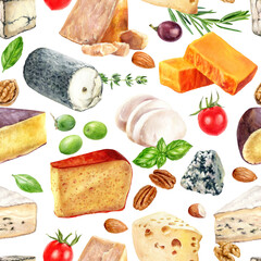 Seamless pattern with different types of cheese set with nuts, and spices. Watercolor hand-drawn illustration