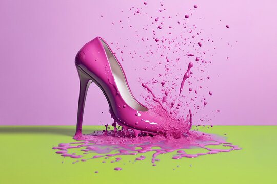Woman's shoe with thin, high tapered heel splashed with paint on bright yellow green floor, on isolated pastel pink background. Fashion advertising concept. Generated by artificial intelligence.