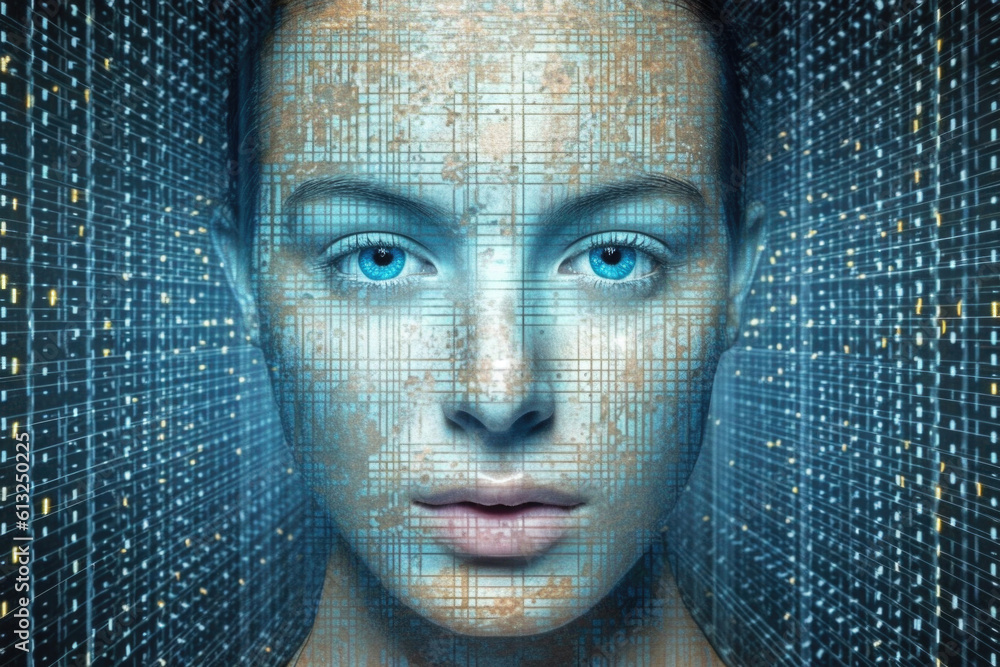Poster digital hologram of female face looking from futuristic screen. interaction with artificial intellig