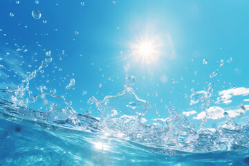 Naklejka na ściany i meble Splash of water against summer blue sky and sun background, Generative AI 