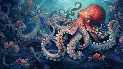 Fototapeta na wymiar A Colorful Octopus Adventure