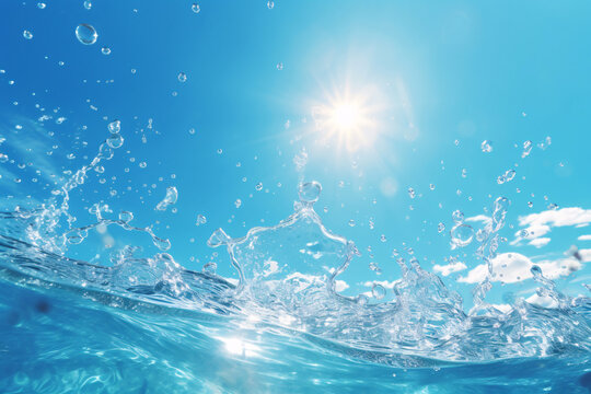 Splash of water against summer blue sky and sun background, Generative AI 